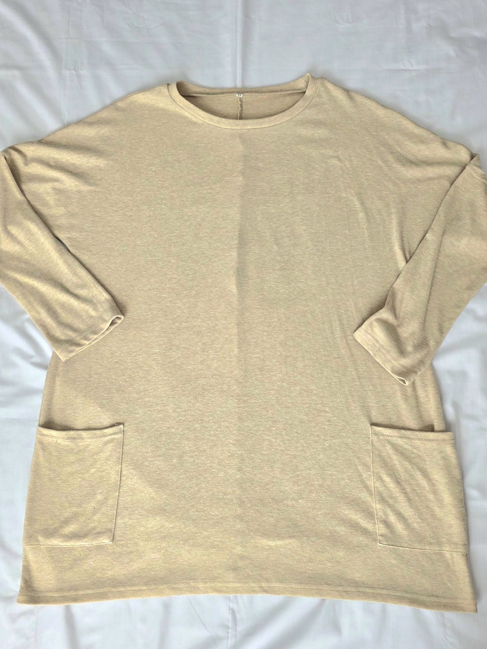 Women Beige Solid Knit Tunic Top Stretch Round Neck Long Sleeve Pockets Size XL